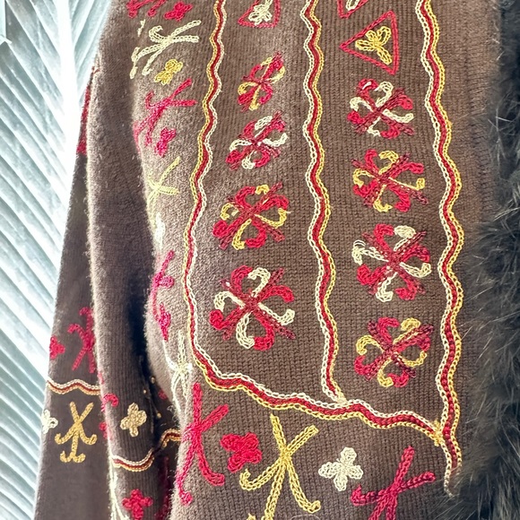 Bohemian Boho L Sweater Cardigan Shacket Merino Wool Rabbit Fut Brown Red Gold - Picture 7 of 16